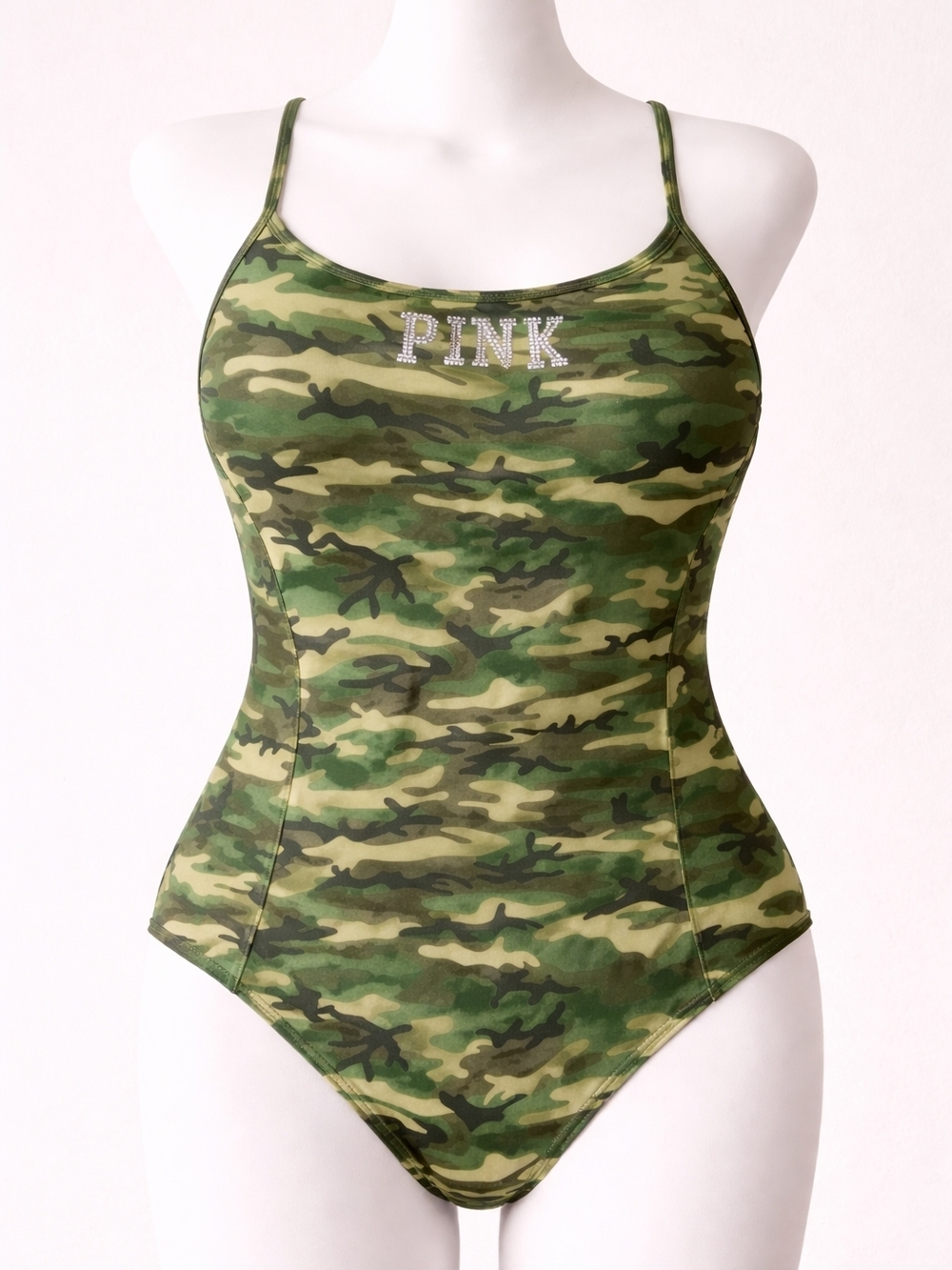PINK Victoria's Secret Green Camouflage One-Piece Swimsuit with Rhinestone Logo
